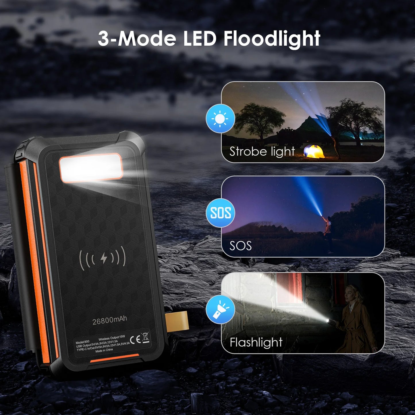 26,800 MAh Fast Solar Charger QC PD 22.5 W Solar Power Bank, 3 Outputs 4 Foldable Panels Charges External Battery, Camping Light