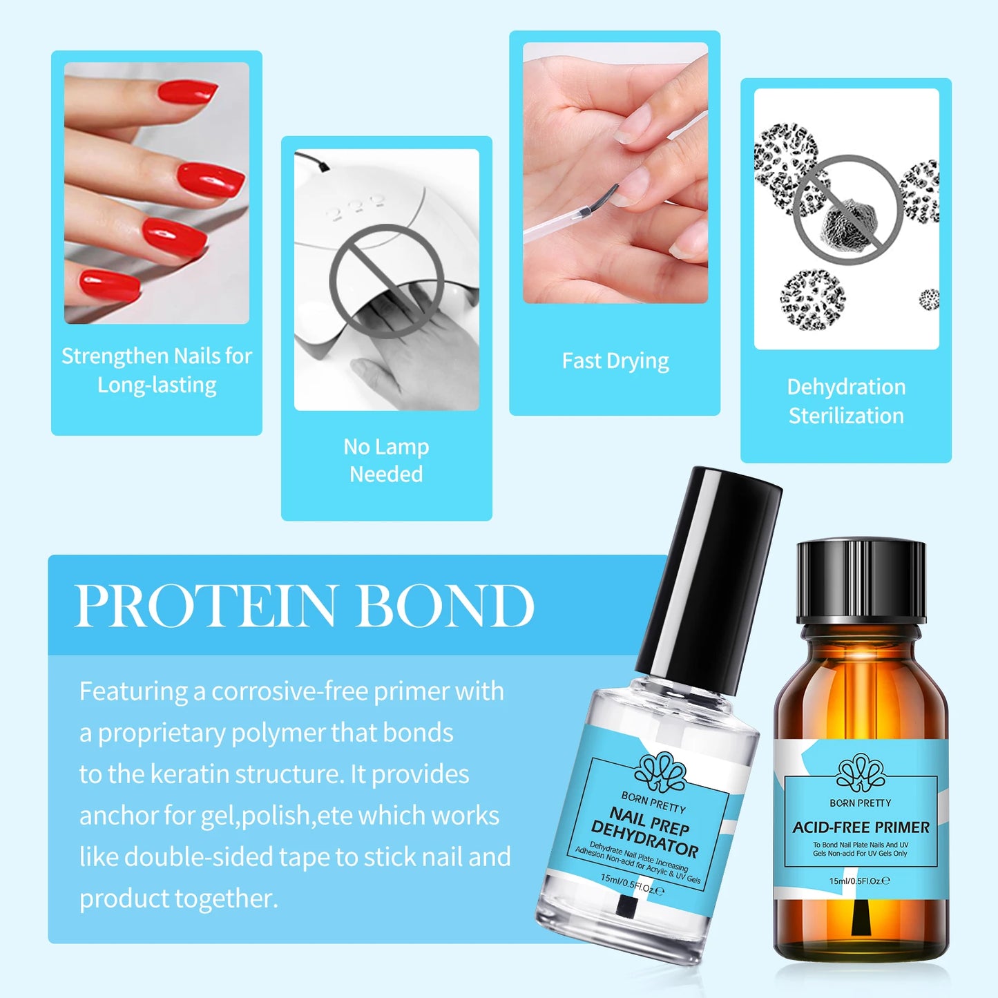 BORN PRETTY 2Pcs 15ml Nail Prep Dehydrator And ACID-FREE Primer Air Dry No Lamp Needed Nail Art Functional Gel Manicure Supplies