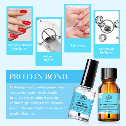BORN PRETTY 2Pcs 15ml Nail Prep Dehydrator And ACID-FREE Primer Air Dry No Lamp Needed Nail Art Functional Gel Manicure Supplies