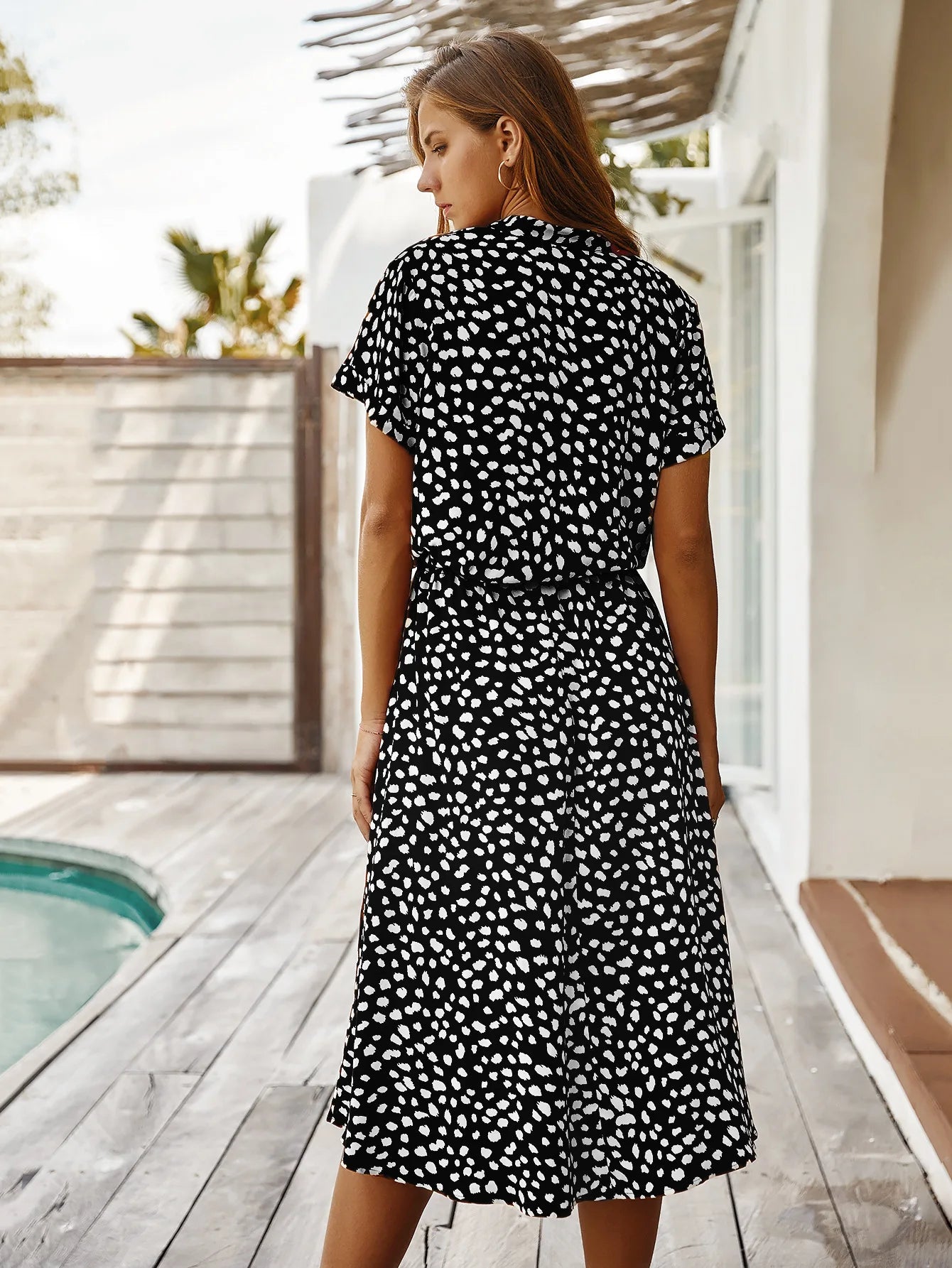 Vintage Blommig Boho Skjortklänning – Kortärmad, Lång, Nedvikt Krage, Skärp, 6 Färger, S–XL