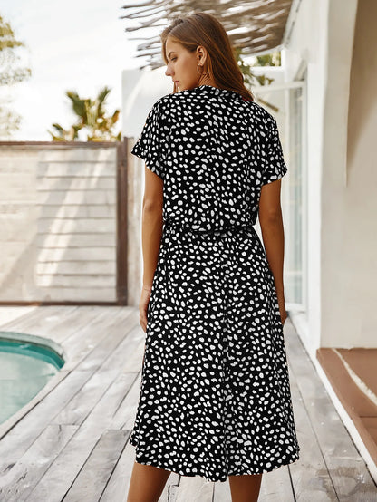 Vintage Blommig Boho Skjortklänning – Kortärmad, Lång, Nedvikt Krage, Skärp, 6 Färger, S–XL