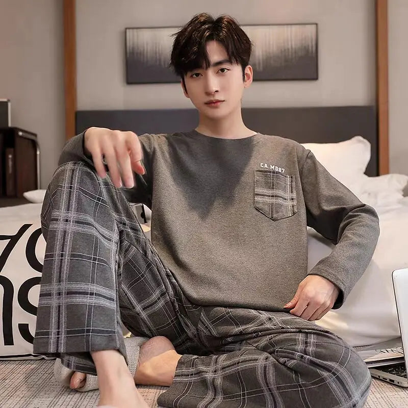 L-5XL Spring and Autumn Knitted Cotton Plaid Pajamas Set Men Long Sleeve Sleepwear Casual Soft Pyjamas Male Home Clothing