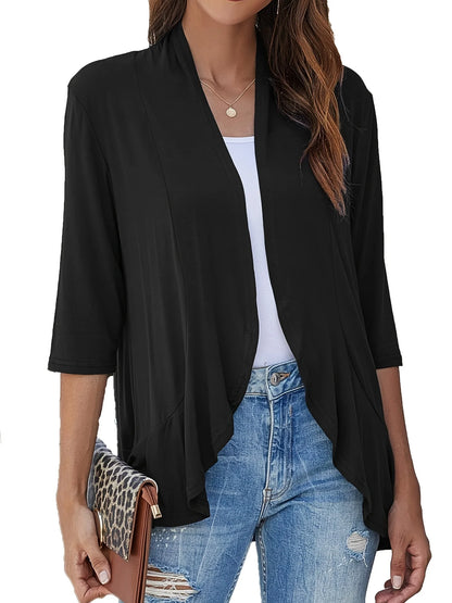 Dam Plus Size Kofta V-ringning – Lös Plissé Volangkant 3/4-ärm Casual Vår/Sommar/Höst, 3 Färger 1XL–5XL