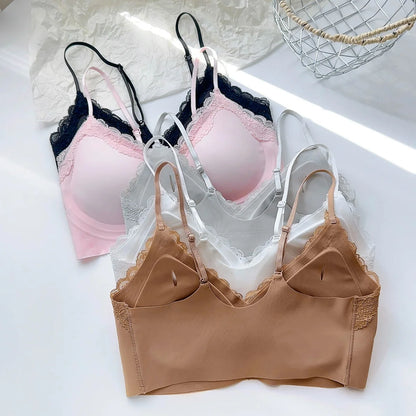 French Lace Bra V Neck Seamless Bra Women's Adjustable Thin Strap Wireless Thin Cup Layering Base Intimates Lingerie Solid S-XL