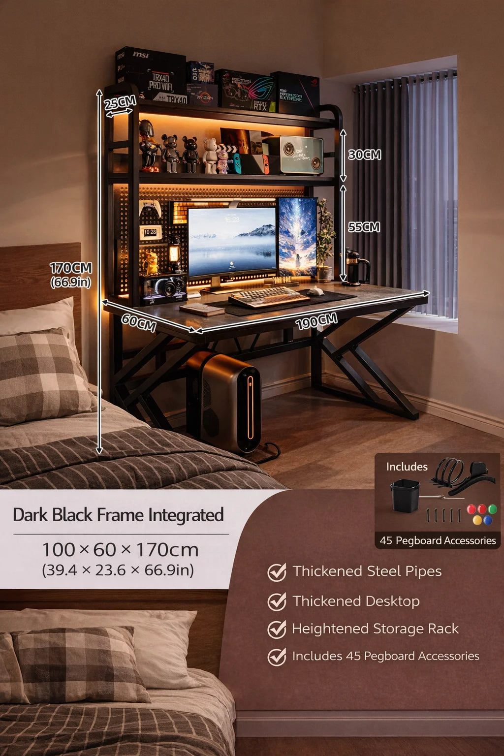 Gaming Desk with Bookshelf and Pegboard Computer Desk with Storage Shelf Home Office Study Desk for Bedroom Small Space