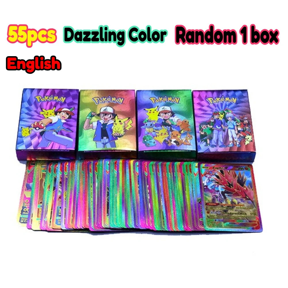 •55 pcs Pokemon Metal Gold Black Vmax GX Card Box Mewtwo Charizard Pikachu Rare Collection Battle Trainer Children Toys Gift