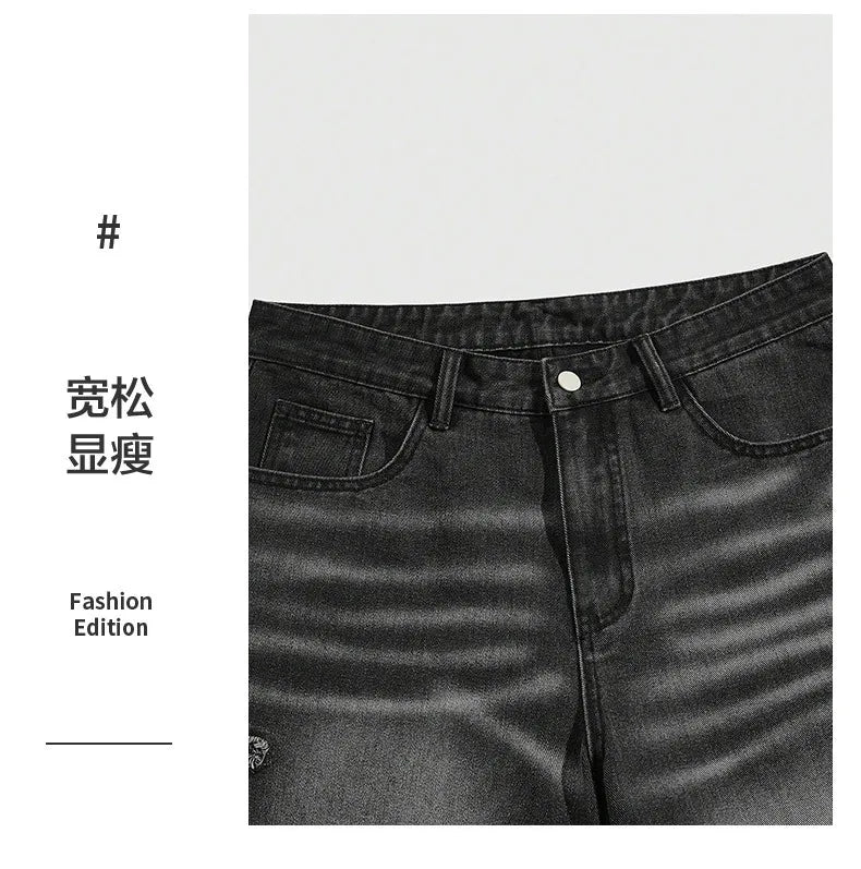 Pants Denim Pant Men Jeans Knee Length Stars Vintage High Waist Frayed Hem Straight Trousers Y2k Streetwear Casual 2026 Spring
