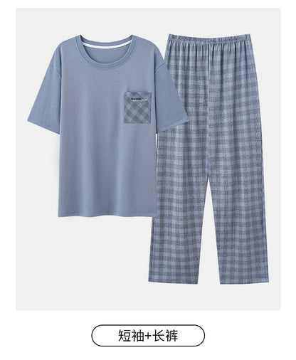Antibacterial Cotton Pajamas for Men Summer Short Sleeve Shorts Long Pant Three-Piece Set Simple Solid Color Loose Homewear