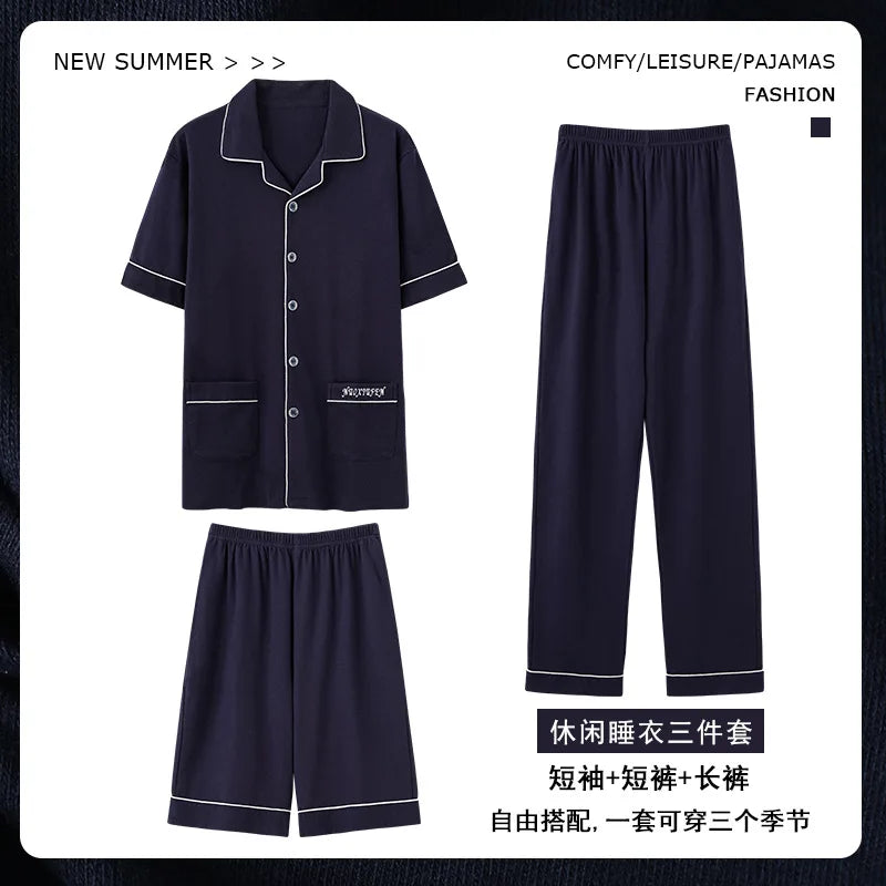 2023 New Cotton Sleepwear Men's 3 Pieces Set Homewear Plus Size 4XL Cardigan Nightwear Short Sleep Tops & Shorts & Long Pants