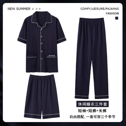 2023 New Cotton Sleepwear Men's 3 Pieces Set Homewear Plus Size 4XL Cardigan Nightwear Short Sleep Tops & Shorts & Long Pants