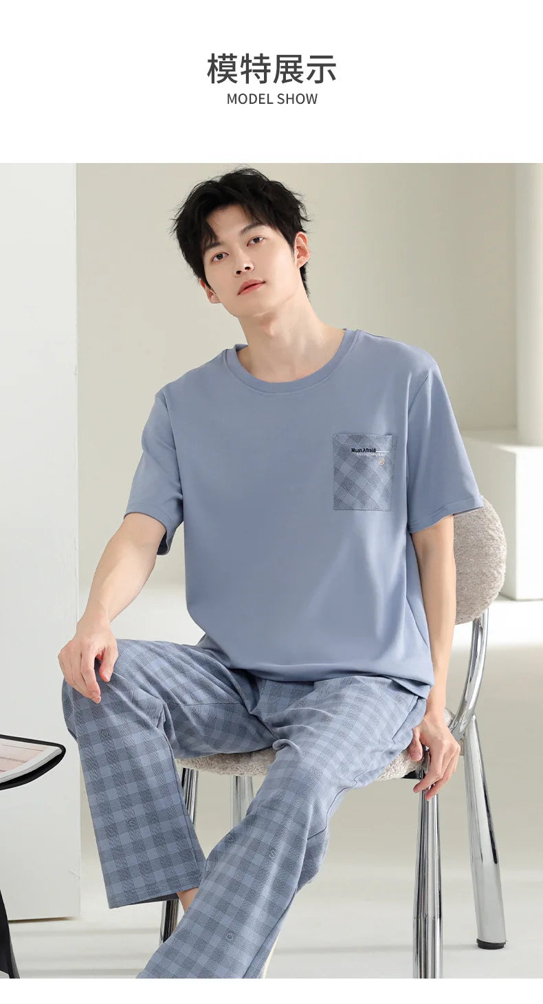 Antibacterial Cotton Pajamas for Men Summer Short Sleeve Shorts Long Pant Three-Piece Set Simple Solid Color Loose Homewear