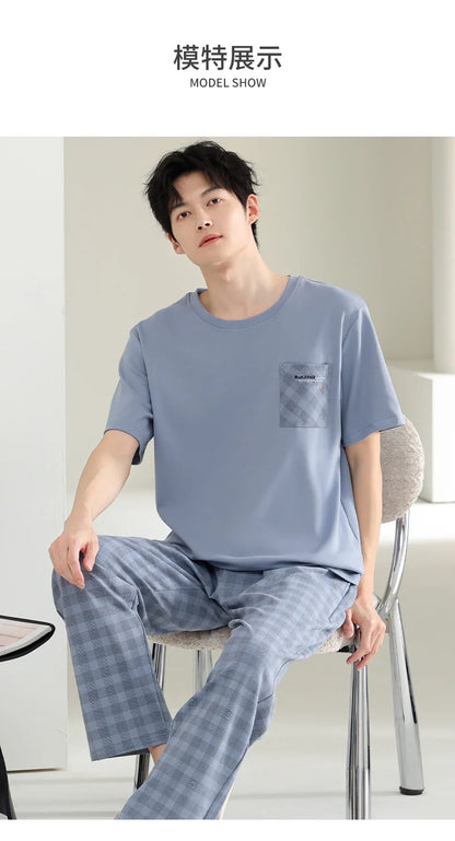 Antibacterial Cotton Pajamas for Men Summer Short Sleeve Shorts Long Pant Three-Piece Set Simple Solid Color Loose Homewear