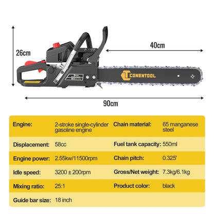 CONENTOOL 58CC 18 Inch Gas Chainsaw 2-Stroke Petrol Chain Saw 2.55kW 11500RPM Wood Cutter for Tree Cutting Firewood Logging Garden Tool