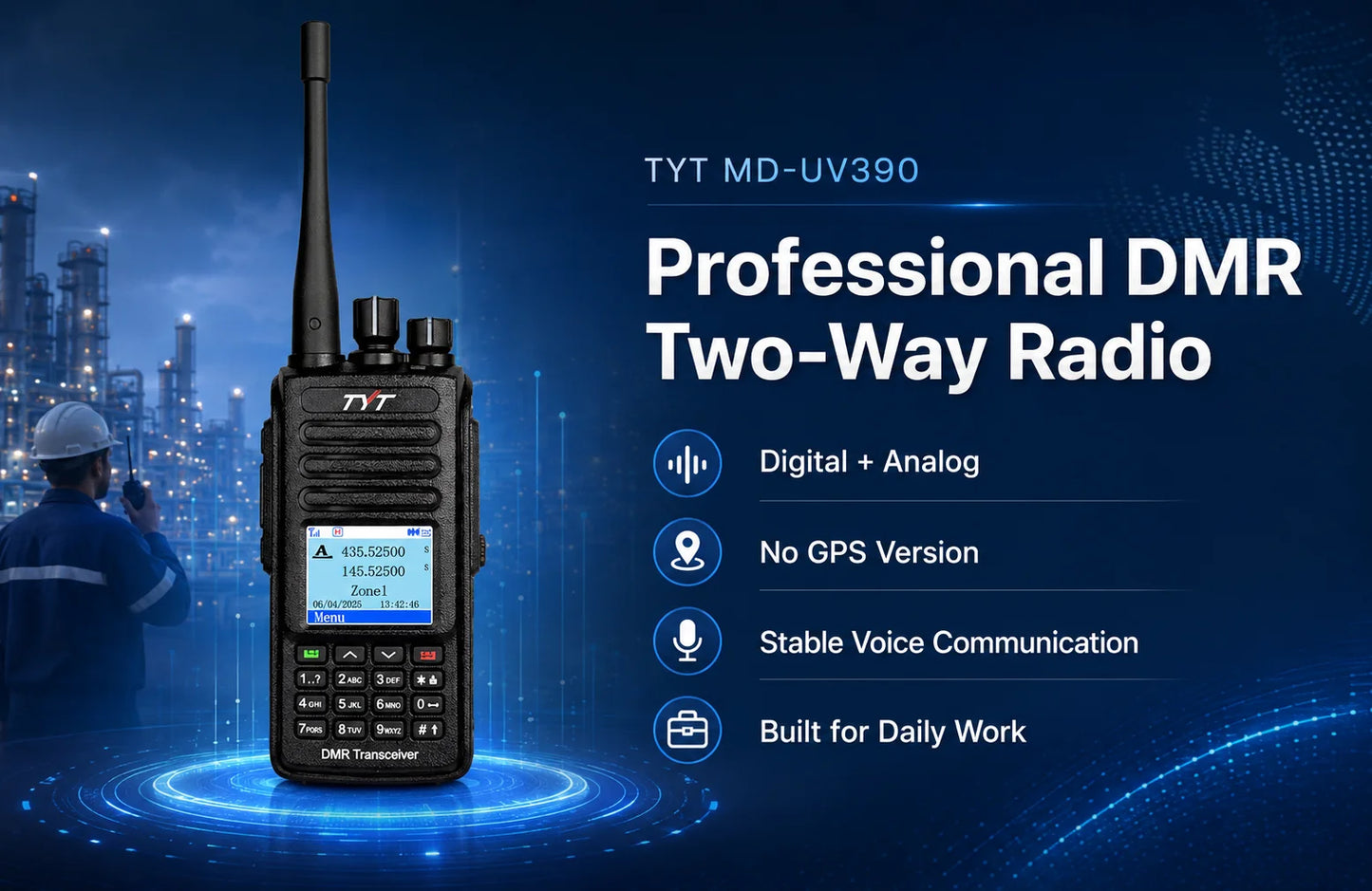 TYT MD-UV390 Dual Band DMR Two Way Radio VHF UHF Digital Analog Handheld Walkie Talkie GPS IP67 3000 Channels