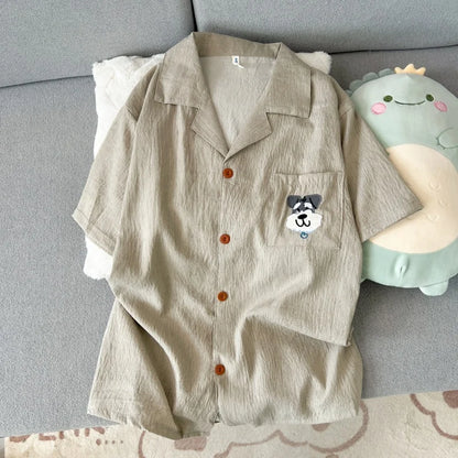 High Quality Khaki with Embroidered Dogs Couples Homewear Women's Pajamas Set Cute Casual Short-Sleeve 3 Piece Men Pajamas Set