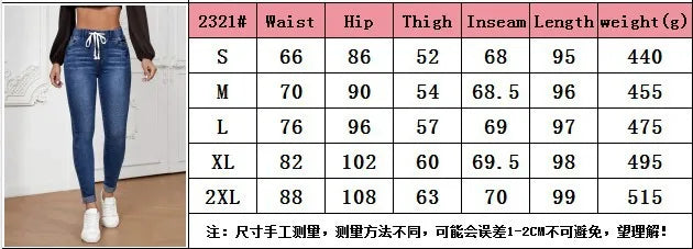 Denim Pencil Pants Women High Stretch Elastic Waist Lace Up Jeans Slim Denims 2024 Streetwear Vintage Ankle Length Trousers