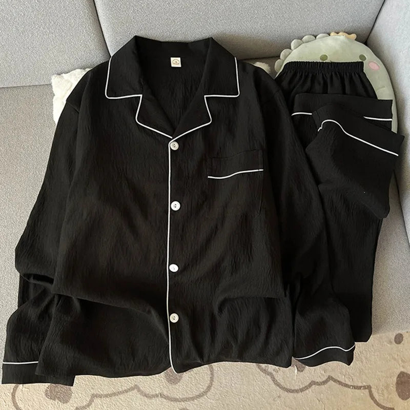 Herr Pyjamas Set Vår & Höst – Långärmad Ledig Enfargad Molnbomull 2-delad, 9 Färger L–3XL