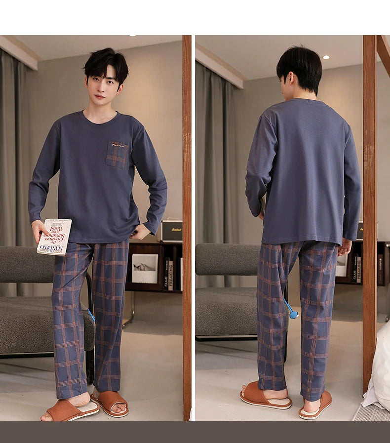Rutigt pyjamasset herr i bomull – långärmat, fyra modellval, L–5XL