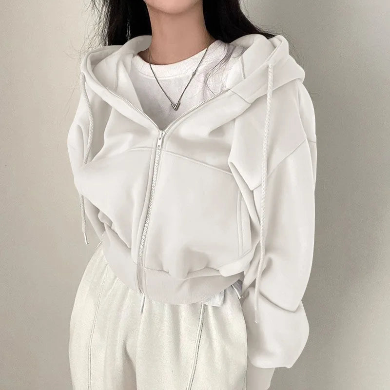 Zippered Long Sleeved Hooded Sweatshirt Loose Casual Simple Trendy Versatile Solid Color Fashionable Lazy Jacket Wholesale
