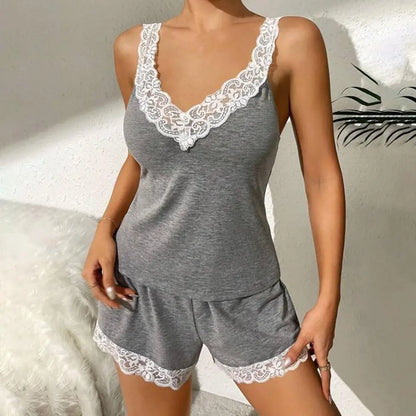 Dam Pyjamas Set Sommar – Spetskant V-ringad Linne & Shorts Resårmidja, Grå
