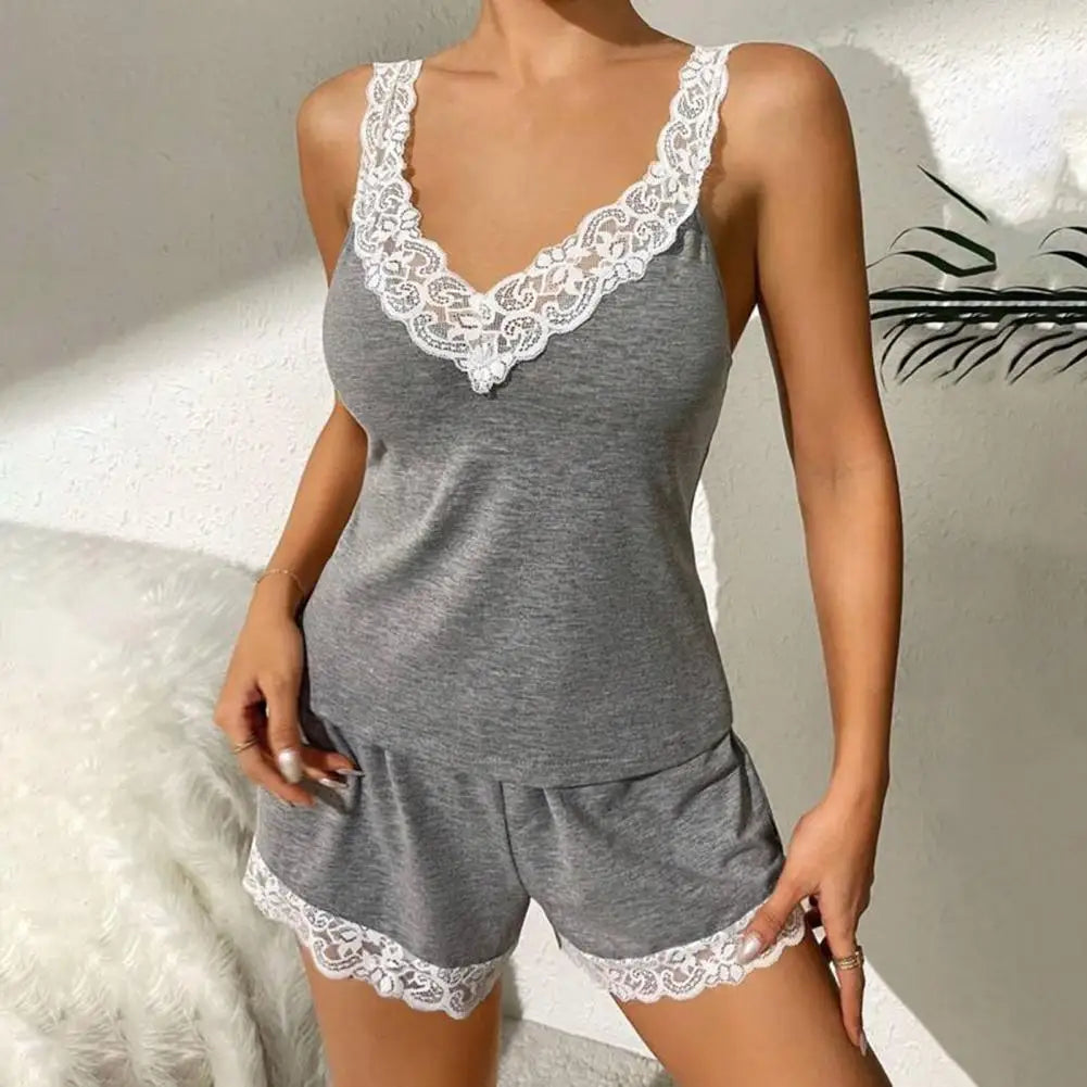 Dam Pyjamas Set Sommar – Spetskant V-ringad Linne & Shorts Resårmidja, Grå