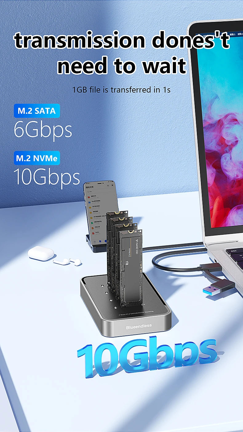 Blueendless 4 Bay M.2 NVMe/SATA SSD Docking Station Type C USB3.1 10Gbps M2 NVMe PCIe SATA NGFF Dual Protocol Aluminum SSD Case