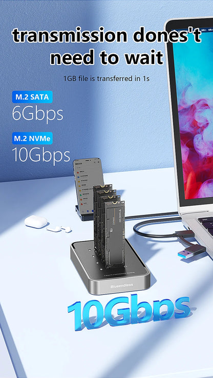 Blueendless 4 Bay M.2 NVMe/SATA SSD Docking Station Type C USB3.1 10Gbps M2 NVMe PCIe SATA NGFF Dual Protocol Aluminum SSD Case