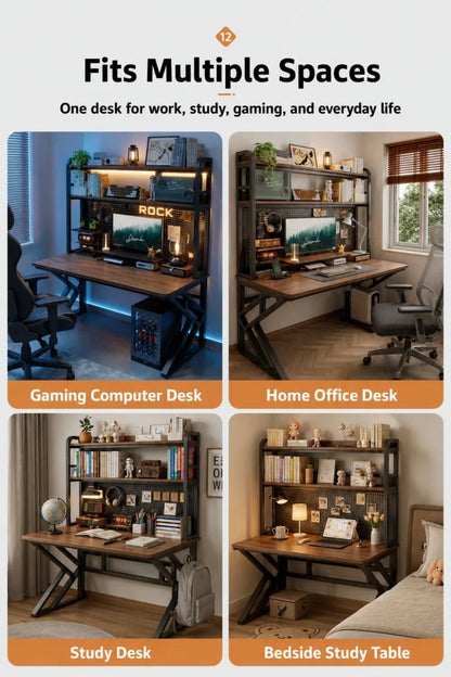 Gaming Desk with Bookshelf and Pegboard Computer Desk with Storage Shelf Home Office Study Desk for Bedroom Small Space