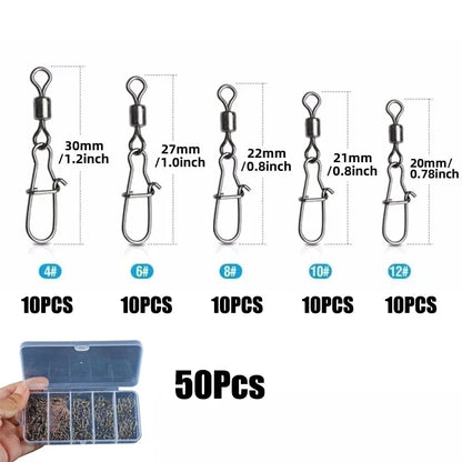 Stainless Steel Fishing Swivel Snaps 4#-12# Rolling Bearing Duo-Lock Connector Kit Saltwater Freshwater Lure Tackle 50-200Pcs