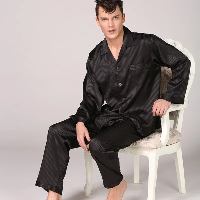 Herr Silk Satin Pyjamas 2-delad – Långärmad Topp & Byxor Tryckt Mönster, Svart/Röd/Marinblå