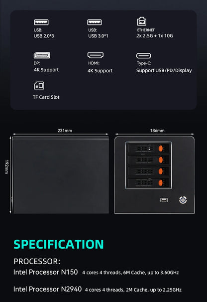 XCY X108 NAS Mini PC 4-fack 2,5"/3,5" SATA – Intel N150 / Celeron N2940, Windows 10/11 Linux NAS, DDR5/DDR3L