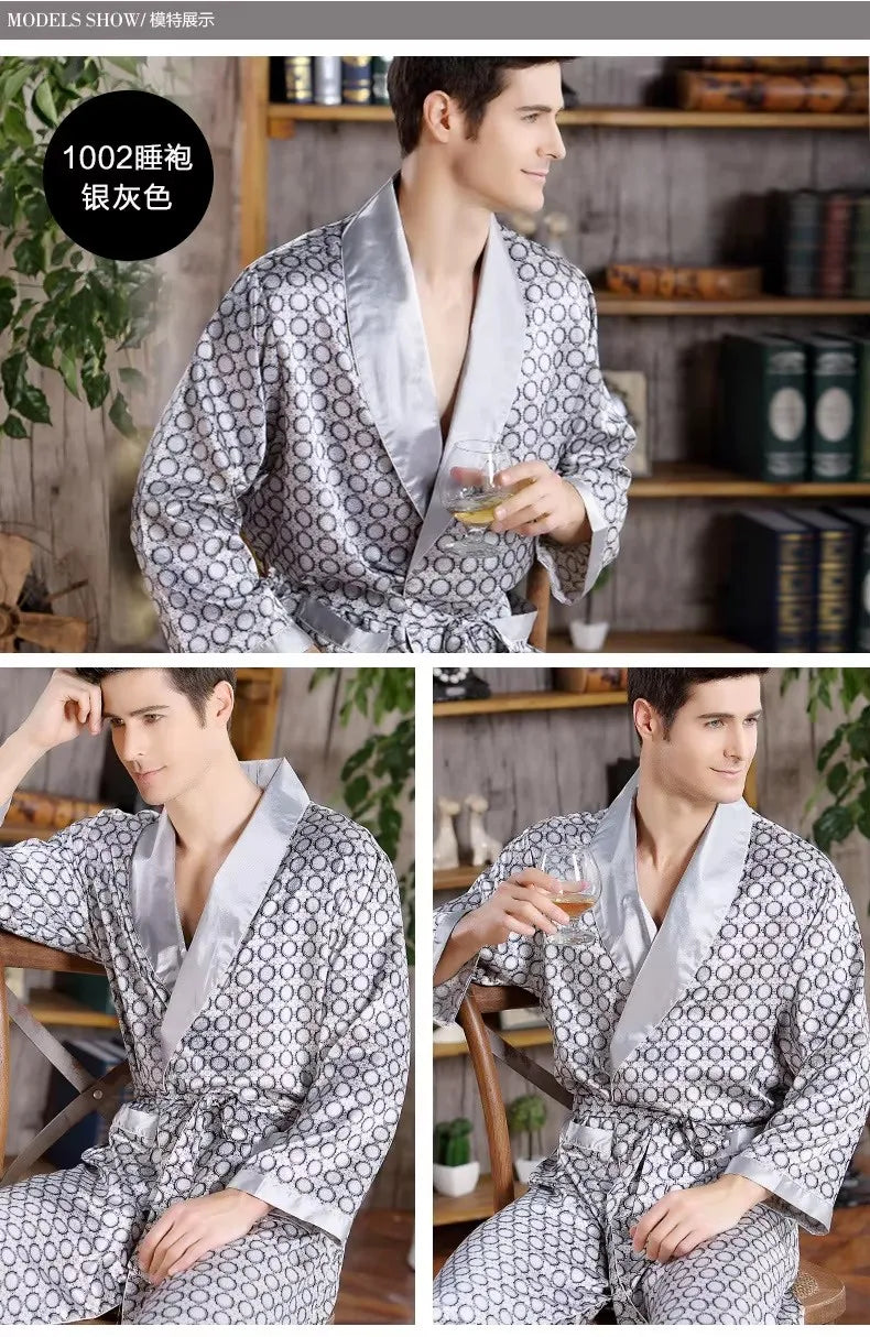 Plus Size 3XL 4XL 5XL Men Robe Sleepwear Navy Blue Stripe Kimono Bathrobe Gown with Pocket Summer Satin Home Clothes Lounge Wear