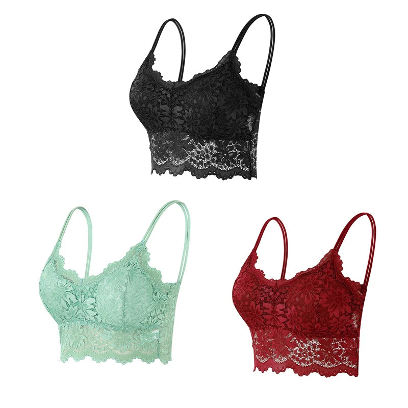 3PCS Women's Lace Bras Top Comfortable Bralette Solid Color Sexy Underwear Vest Female Hollow Out Wireless Lingerie Seamless Bra