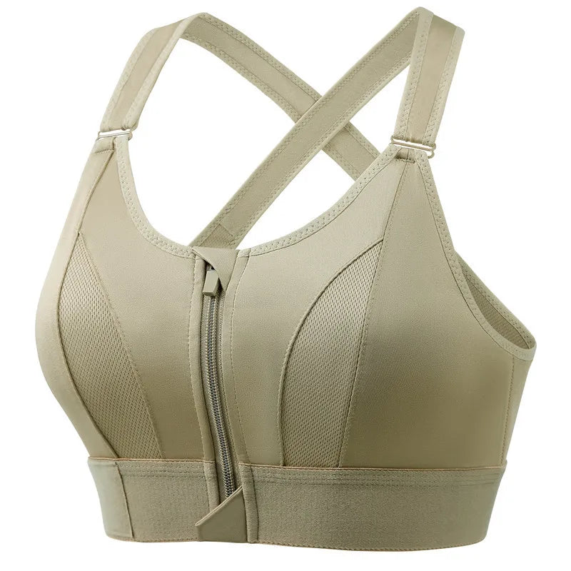 Women High Impact Shockproof Sports Bra Front Zip Adjustable Shoulder Straps Back Support Yoga Running Fitness Bralette