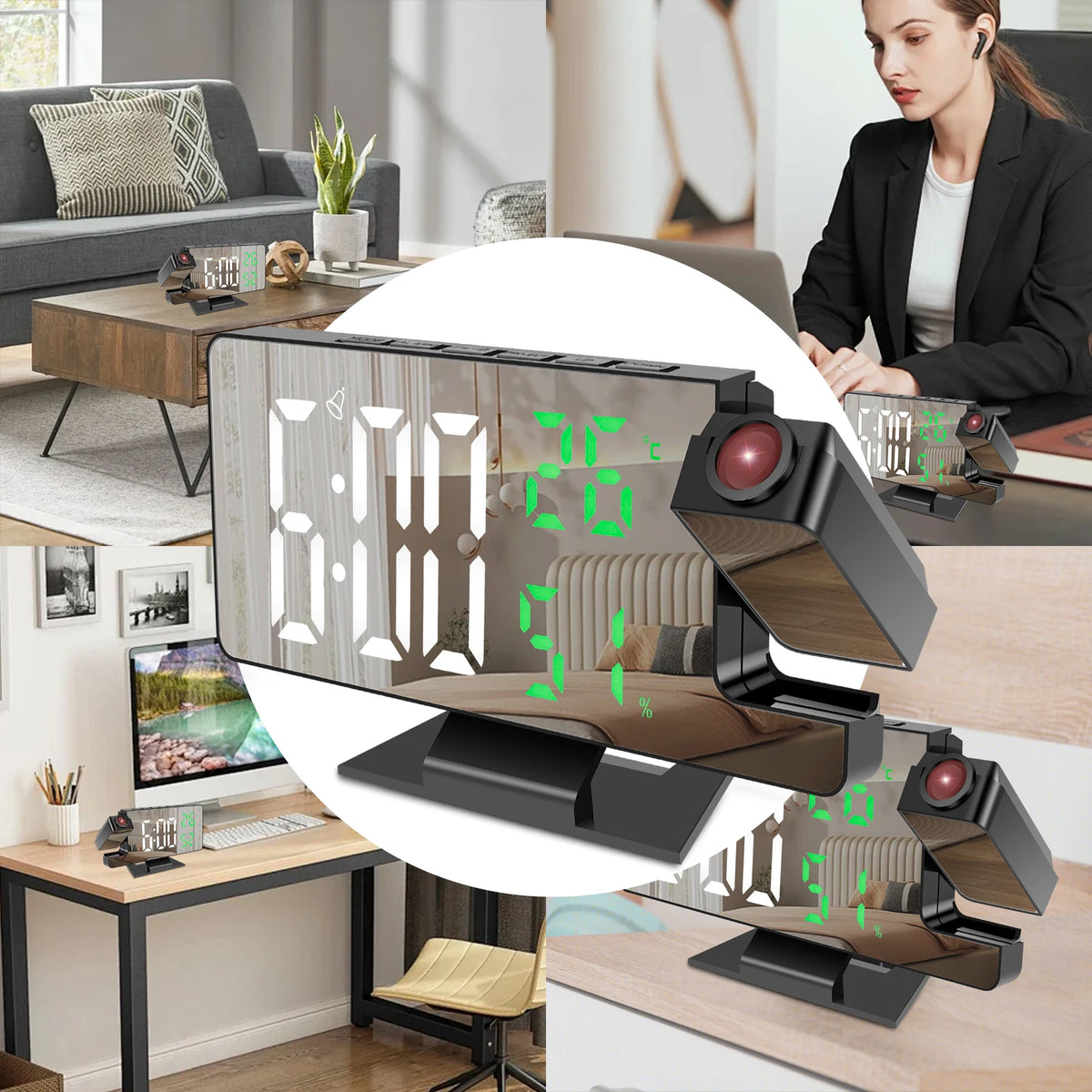 LED Digital Alarm Clock Projection Clock with 180°Rotatable Projector Mirror Large Screen Projection Clock For Home Office Table