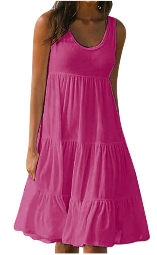 Plus Size Women Causual O Neck Sleeveless Ruffles Mini Dress Boho Solid Beach Sundress Oversized Loose Dress 2025 Summer