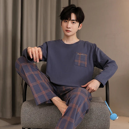 L-5XL Spring and Autumn Knitted Cotton Plaid Pajamas Set Men Long Sleeve Sleepwear Casual Soft Pyjamas Male Home Clothing