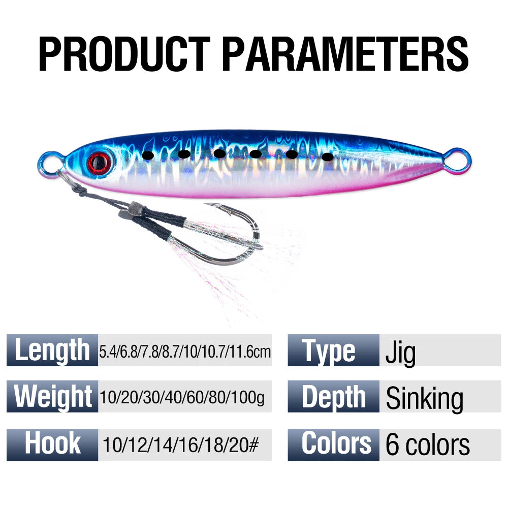 6Pcs Metal Jigging Lure 10-100g Slow Sinking Casting Bait 3D Eyes Luminous with Assist Hooks for Sea Fishing