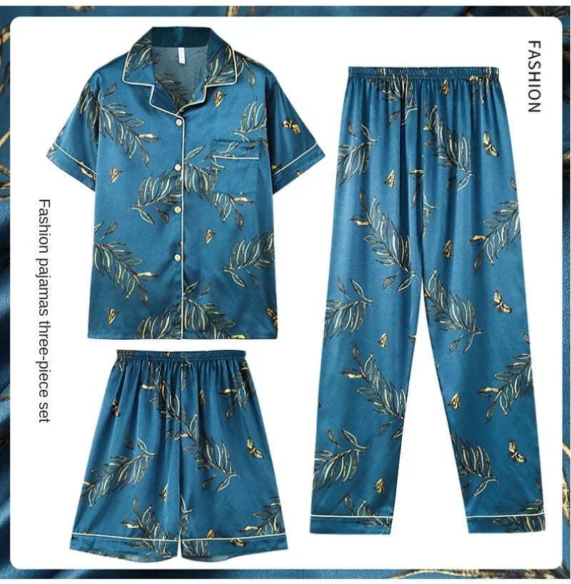 Fashion Summer Autumn 3 Piece Silk Men Pajamas Set Short Sleeve Shorts Oversize Homewear Lapel Collar Loungewear Pijamas for Man