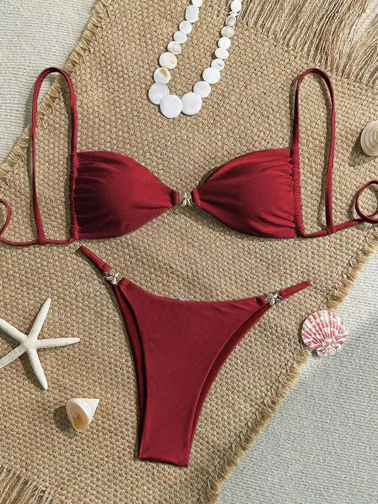 Cikini Women's Sexy Bikini Two Pieces Set Accessories Glossy Texture Special Fabric Solid Color Summer Beach Swimwear