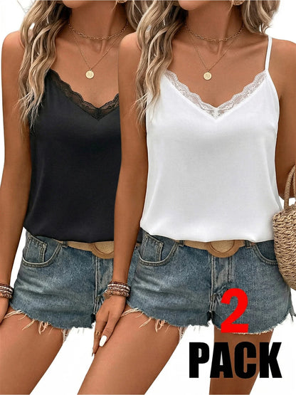Summer Plus Size New Women's Camisole Vest Two-Piece Set, Lace and Lace V-Neck Versatile Top, Black and White Two-Piece