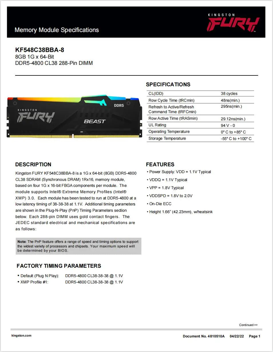 Kingston FURY DDR5 RGB RAM BEAST Desktop Memory 8GB 16GB 32GB Gaming UDIMM Memoria 5200MHZ 560MHZ High Performance Rgb Memory