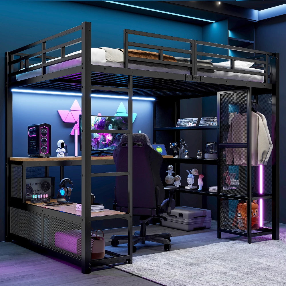 140x200cm Metal High Bed with Storage and Open Wardrobe, Kids Bedroom Bed with USB Connector and LED Lighting, Black/white