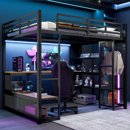 140x200cm Metal High Bed with Storage and Open Wardrobe, Kids Bedroom Bed with USB Connector and LED Lighting, Black/white