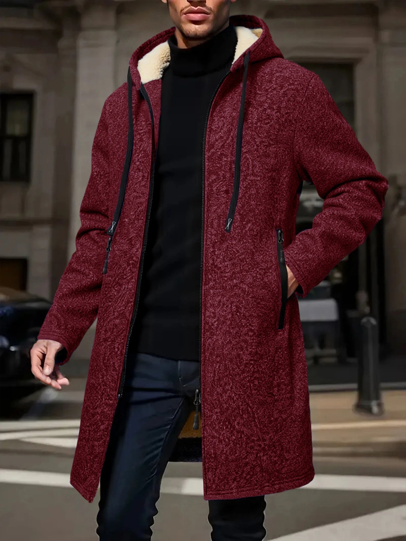 Herr Lång Vinterjacka med Fleece – Varm Vindskyddande Hoodie med Dragkedja, 4 Färger, Storlek S–XXXL