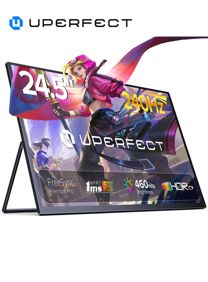 UPERFECT 24,5" Portabel Gaming Monitor – 240Hz 1ms IPS 460 nits HDR10 FreeSync USB-C Mini-HDMI VESA Laptop PS5 Switch