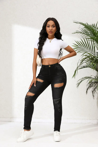 Women Jeans Denim Pockets Holes Pencil Pants High Waist Sexy Skinny Streetwear Solid Ankle Length Spliced Distressed Washing