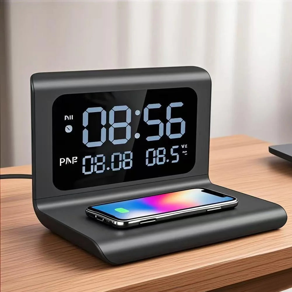 Trådlös Laddare 15W med Väckarklocka & Termometer – Qi USB-C iPhone 17–11 Samsung Xiaomi, 3 Alarm Celsius/Fahrenheit CE RoHS
