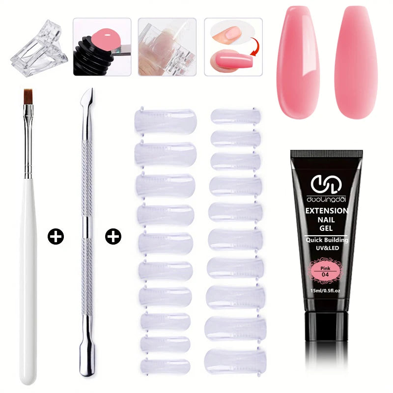 Salon & Home Nail Art Kit - 0.51oz Odorless Quick Build Gel Extension Set with 20 Nail Forms & Tools | Professional UV Sculpting