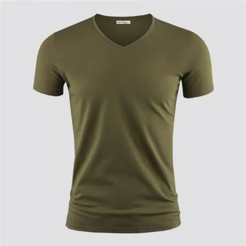 2026 Men's T Shirt Pure Color V Collar Short Sleeved Tops Tees Men T-Shirt Black Tights Man T-Shirts Fitness For Male Clothes